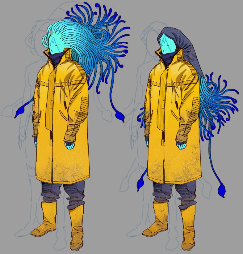 two drawings of a blue mikkian in a big yellow coat