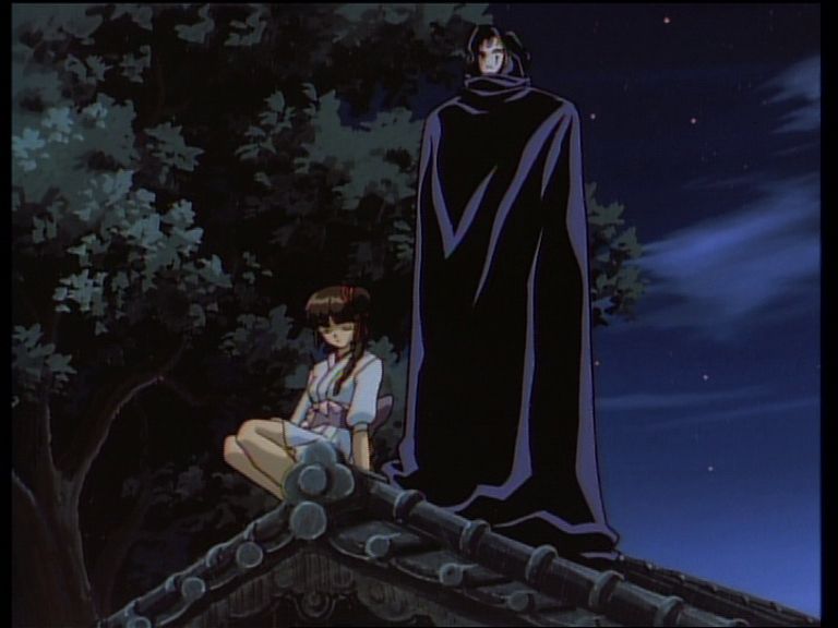 The series does the kind of worldbuilding i like, where it presents the world as is and introduces backstory and context organically through character interactions.

The screenshot shows a young woman in a kimono sat on a temple roof at night whilst a large cloaked figure with a white mask stands next to her