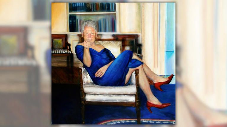 Australian-American artist Petrina Ryan-Kield painted this portrait of Bill Clinton in a blue dress with red high heeled shoes. She painted portraits of Presidents Clinton and Bush as a graduate student at NY Academy of Art. They were old at a fundraising event. Ms PR-K did not know who bought the paintings.

The dress refers to Monica Lewinsky's infamous blue dress. HRC wore a similar blue dress to the 2009 Kennedy Center Honors event. Ms. PR-K said the painting was about "how opposition parties caricature presidents." 

The Daily Mail reported that an anonymous law enforcement officer saw the painting in Epstein's NYC apartment in 2019.