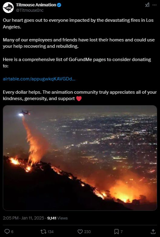 Post from Twitter by Titmouse Animation (TAG), the group that creates the beautiful images you see when you watch "The Legend of Vox Machina" on Amazon Prime Video.  There is a link to a list of their employees who have lost everything.