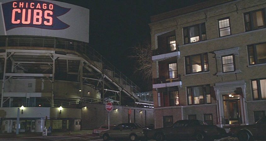 A still from the film Uncle Buck featuring Wrigley Field and the apartment block occupied by John Candy’s character. 