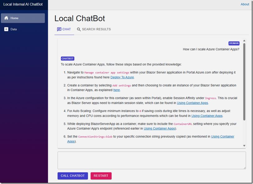 Screenshot of a chatbot interface with sections for navigation, search results, and a conversation about Azure Container Apps.