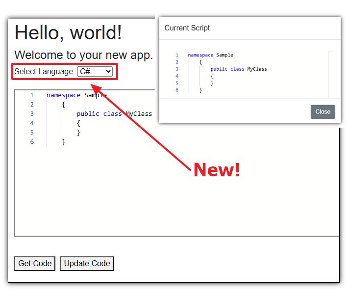 A code editor interface with a language selection dropdown highlighting C# and a pop-up labeled "New!" on the right.