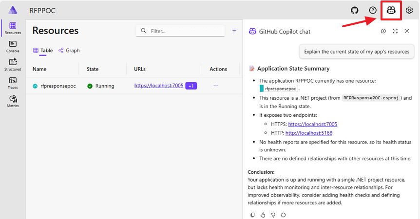 Dashboard interface showing application resources with a chat panel on the right and key details about the project in view.