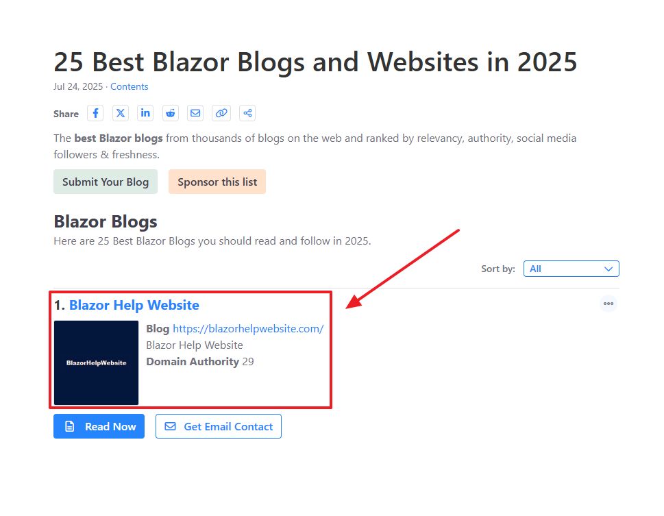 List of the best Blazor blogs for 2025, featuring Blazor Help Website highlighted with a red arrow pointing to it.