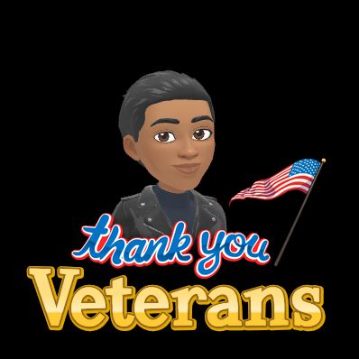 A cartoon character with short black hair in a leather jacket stands beside a waving American flag, saying "Thank you Veterans."
