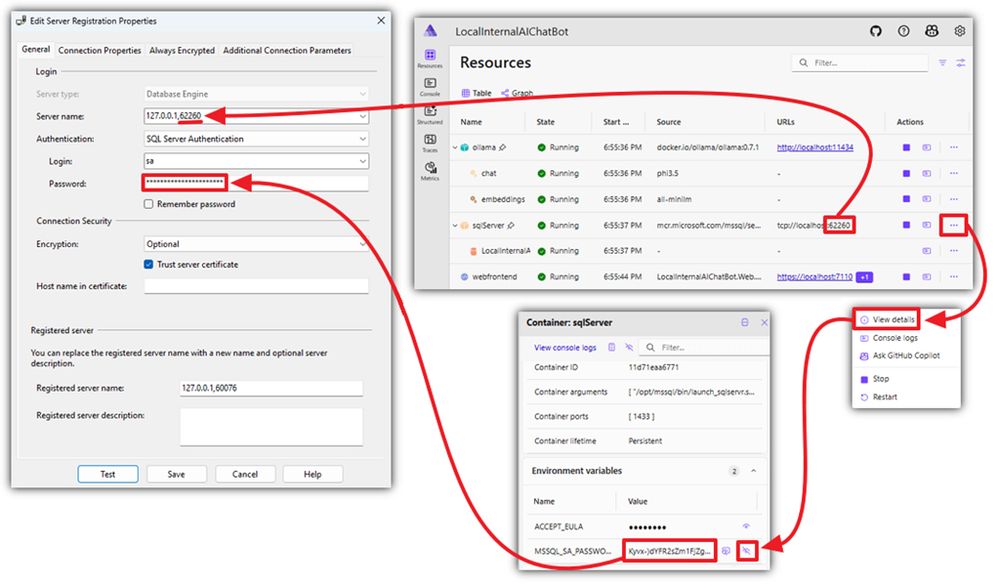 Interface screenshot showing database connection settings and resource details with highlighted connection parameters and options.