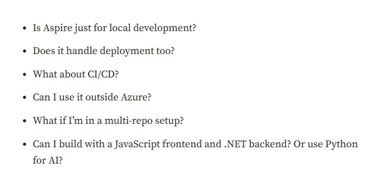 A list of questions related to the functionalities of a software tool, including deployment, CI/CD, and multi-repo setups.