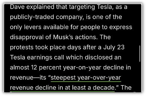 Text on a dark background discussing Tesla's revenue decline and related protests against Musk's actions.