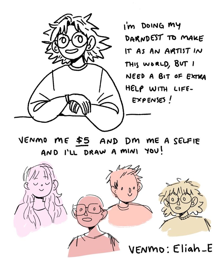 Cutesy examples of mini $5 portraits for sale. Help me with rent this month! DM me a selfie of you and venmo me @Eliah_E to secure a commission slot