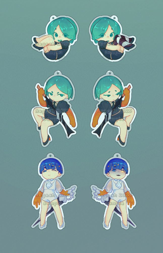 Chibi designs of charms for Phos from Land of the Lustrous in various stages of their character arc. The designs are mirrored to show one side of a charm vs the other side.

The first drawing shows them curled into a ball, and on the right side they have their agate legs.

The second drawing shows them during their winter arc, holding Antarcticite's sword in front of them.

The third drawing shows them with an appearance they take later on in the manga, with their sword behind them as they stand in a proud pose.