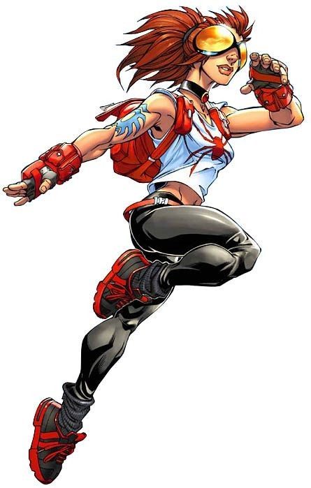 Girl dressed in spider themed outfit leaping 