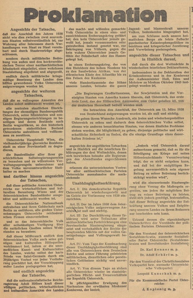 Text der österreichischen Unabhängigkeitserklärung 