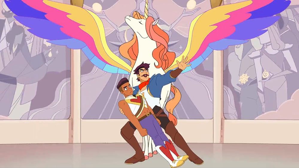 Swift Wind (a rainbow-winged unicorn), Seahawks (a mustachioed pirate), and Bow (an archer), characters from the Netflix show SHE-RA AND THE PRINCESSES OF POWER, in a theatrical pose.