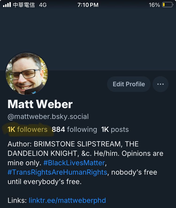 A screenshot of Matt Weber’s Bluesky profile page, with “1K followers” highlighted in yellow.