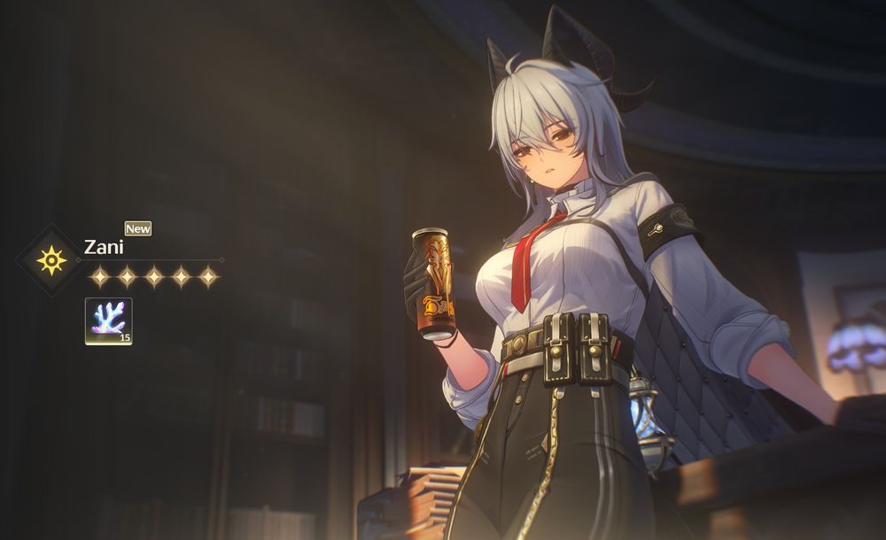 summon screen for the Wuthering Waves Anniversary character Zani, a tall woman with a black, white, red, and gold color scheme, as well as ox horns and tail.