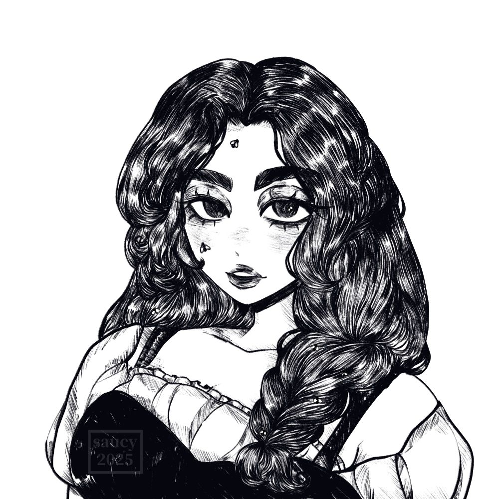 my oblivion oc nieve. a black and white ink drawing of a woman with braided hair covered in flies.