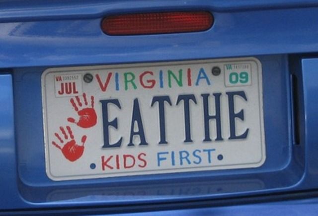 Photo of a Virginia license plate with two child handprints in red. The plate reads "Eat The" and the Virginia plate text at the bottom reads "Kids First."