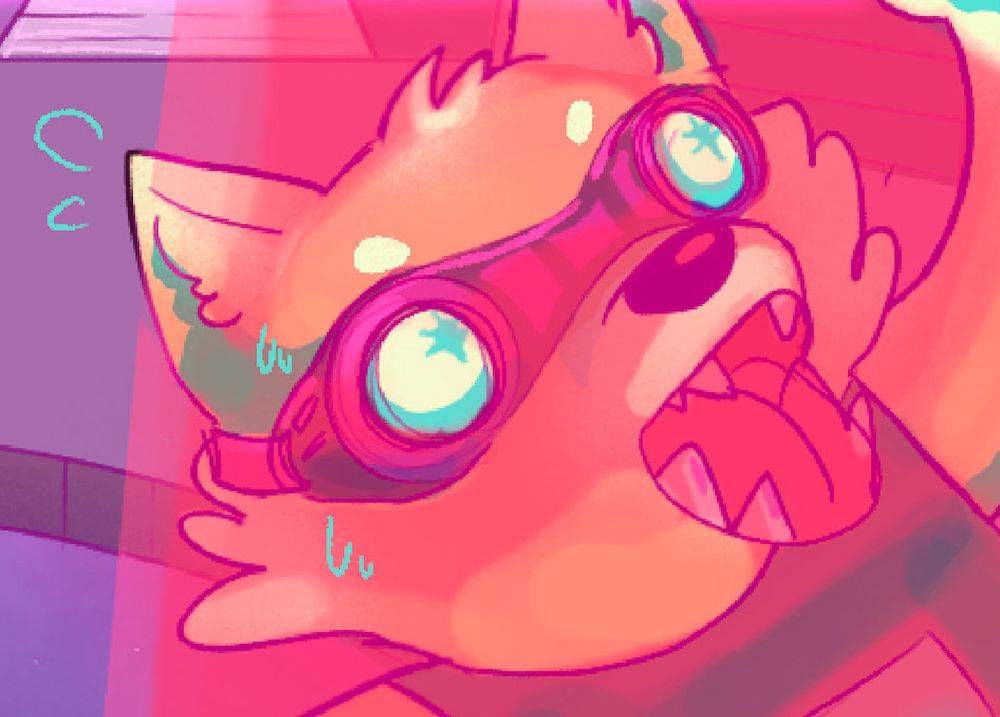 A fox wearing overalls and goggles, looking anxious(?)