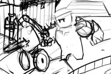 An annoyed lithoid demonstrates the business end of their plasma sword to a very mean robot with wheels.