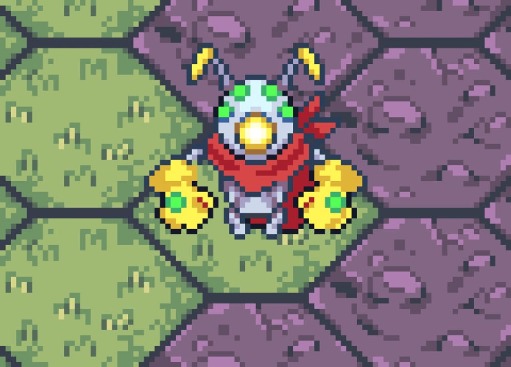 A robot with yellow gloves and a long red scarf, standing on a hex grid.