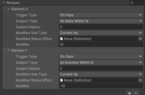 A Unity window that shows a menu to create new Upgrades. Fields are Trigger Type (e.g. On Pass), Subject Type (e.g. All Allies within N), and Modified Stat Type (e.g. Current HP).