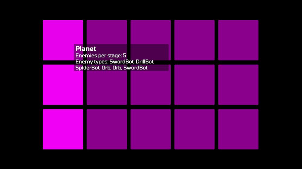 3x5 grid of pink squares. A tooltip over one says "Planet. Enemies per stage: 5"