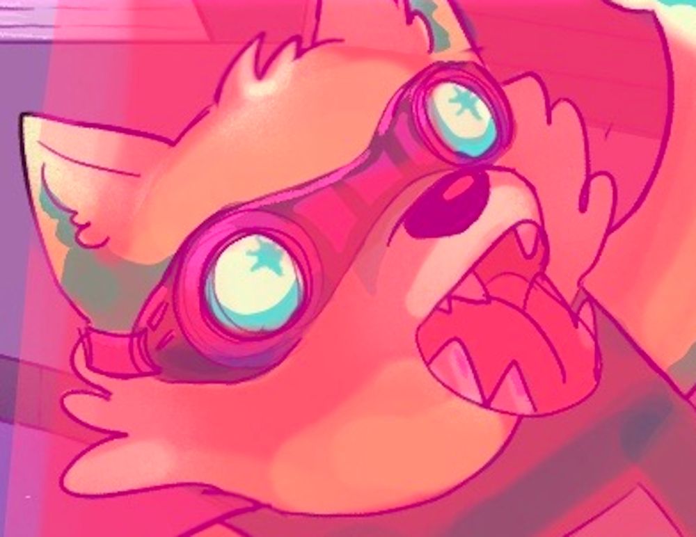 A fox wearing overalls and goggles, looking excited