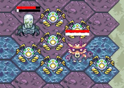 A cyber-fox protected by a swarm of cute drones, protecting him from a spider-bot 