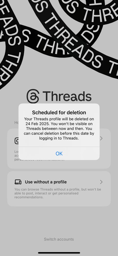 Confirmation of a deleted Threads profile