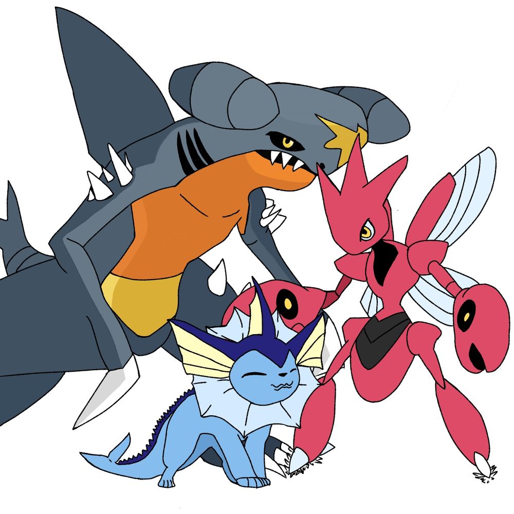 Garchomp, Vaporeon e Scizor, pokémons, de pé e próximos um ao outro