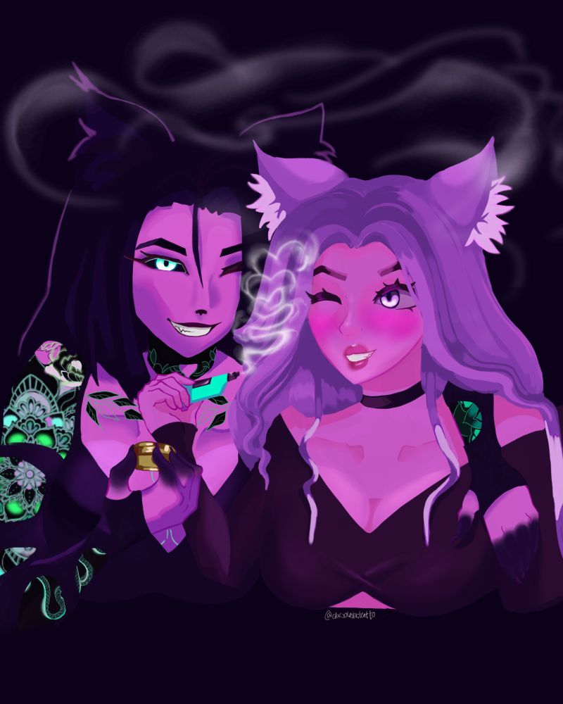 a drawing of archiestaies and his girlfriend's VRC avatars smoking weed and being in love, they both have cat ears and the tattoos look really cool.
