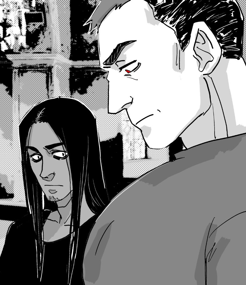A redraw of the 'woman looking at man's huge chest' meme except it's Rocky and Stefan from Fledgling Manor by the game's artist, shaydh.