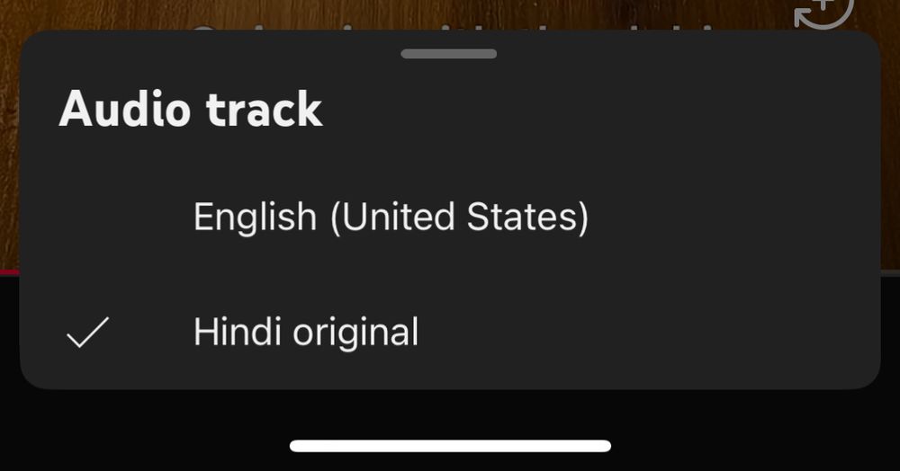 Screenshot of YouTube short Audio track settings. The options are listed as “English (United States)” and “Hindi original.” There’s a checkmark next to “Hindi original.”