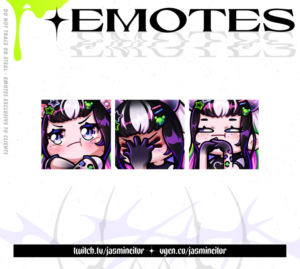 A graphic displaying 3 emotes of Plushunagi's character. Emote one shows her with her arms crossed and pouting, emote two shows her facepalming with her head down, and emote three shows her arms raised in front of her face, with her fingers laced and a skeptical expression. Her character is pale, with rainbow freckles, black short bangs with white strips in them, two long black strips of hair framing her face, and long white hair with bright pink and green ends at the back of her head.