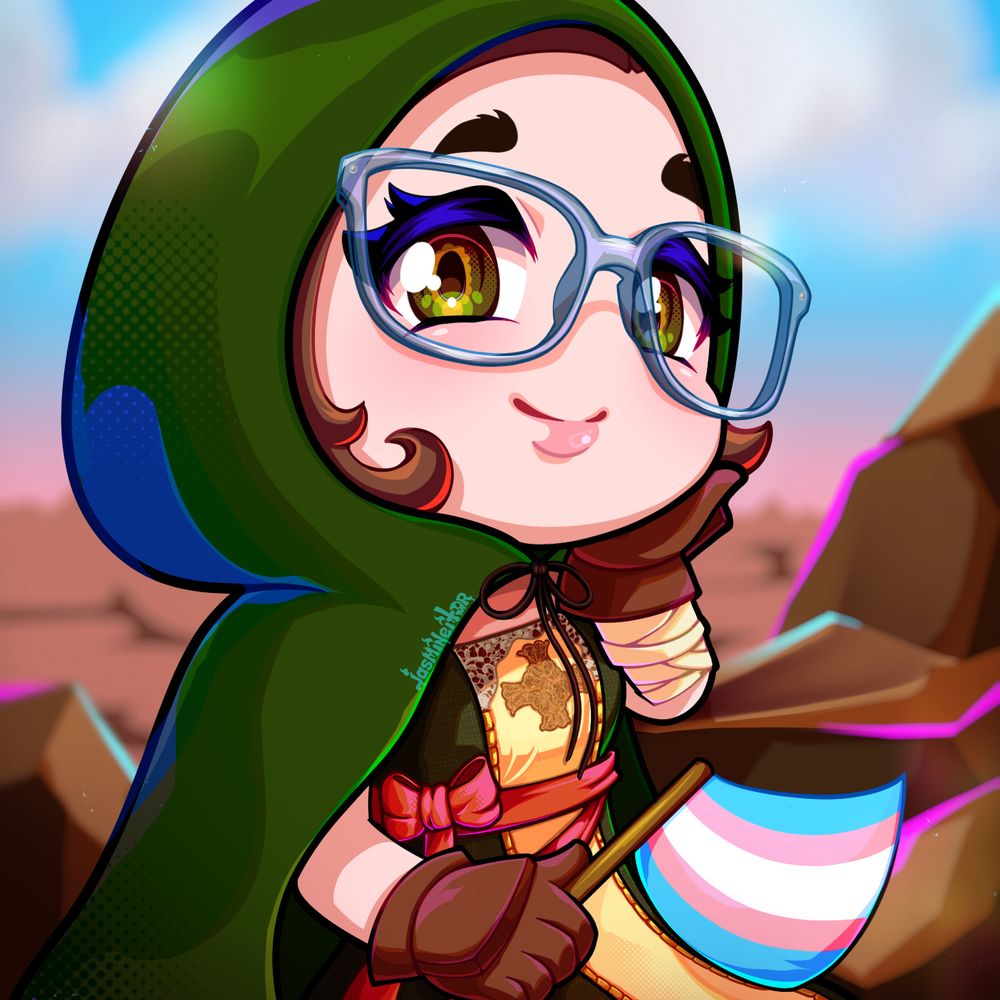 Chibi style drawing of a feminine character resting their hand on their face, wearing a dress and green hood, with transparent glasses and holding a trans flag, sitting in a rocky scene.