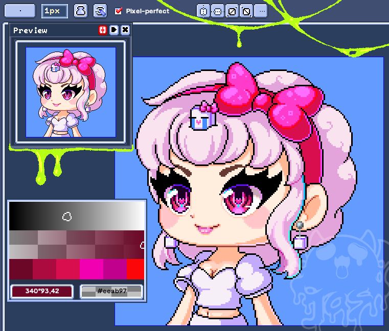 A chibi-style female character with pink, curly, shoulder-length hair, and a fluffy white crop top with puffy sleeves. She has pink eyes and sugar cube-shaped earrings, with a sugar cube character sat in her bangs, crying.