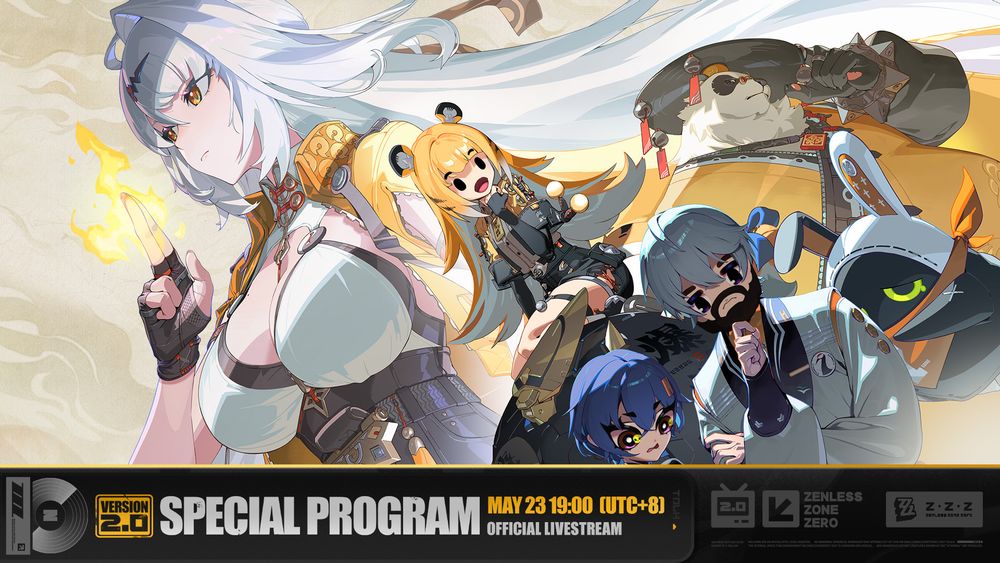 A poster of the Zenless Zone Zero Version 2.0 Special Program, with Jasmineitor's model edited onto the character in the middle and bottom, and Pngwin13's edited onto the character on the right.