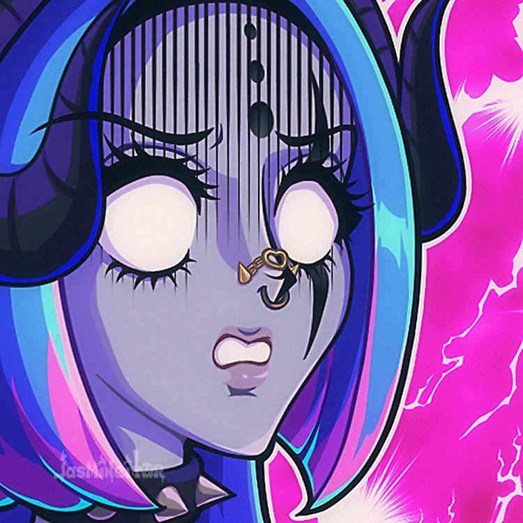 Grey-skinned, blue-haired character with ram horns and alternative fashion with a shocked, devastated expression.