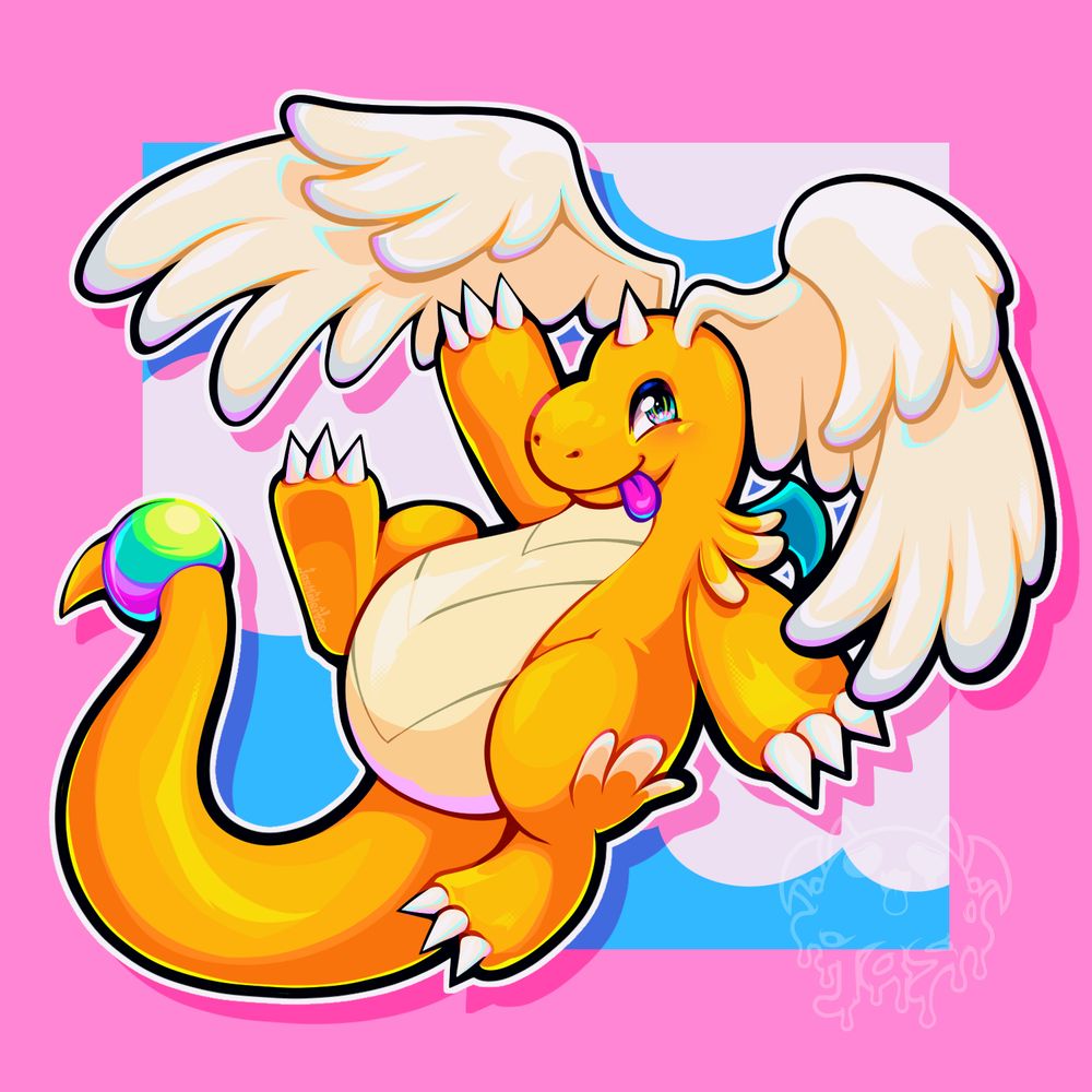 A cel shaded style drawing of the Pokemon Mega Dragonite. It's an orangey-yellow, tubby dragon with a cream-coloured section down its stomach, and giant cream-coloured wings sprouting from its head. It has a single white horn on its forehead, and 3 white pointy claws on each limb. It has a colourful bead on the end of its tail. In the drawing, it's flying upright, with a cheeky expression and its tongue poking out. The background is a square depicting cartoonish clouds, cropped in with a thick pale pink border.