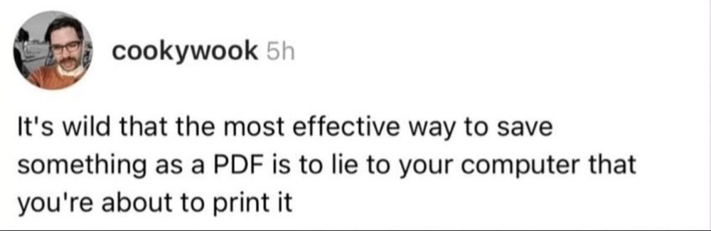 cookywook
It's wild that the most effective way to save something as a PDF is to lie to your computer that you're about to print it