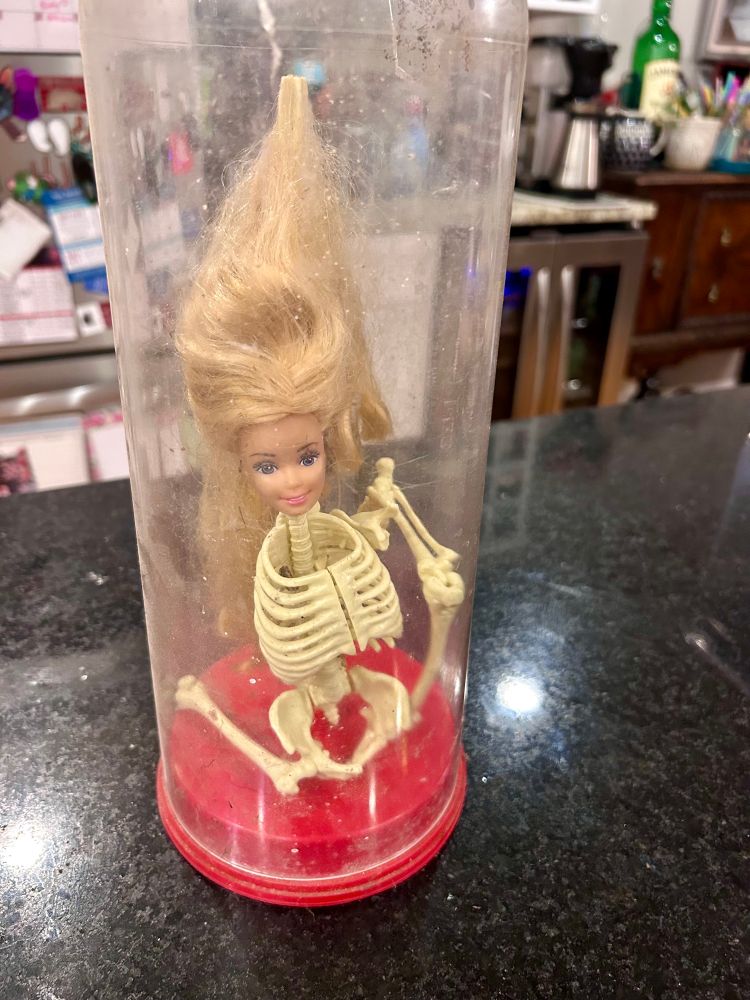 Partial skeleton with a Barbie head under a large plastic dome