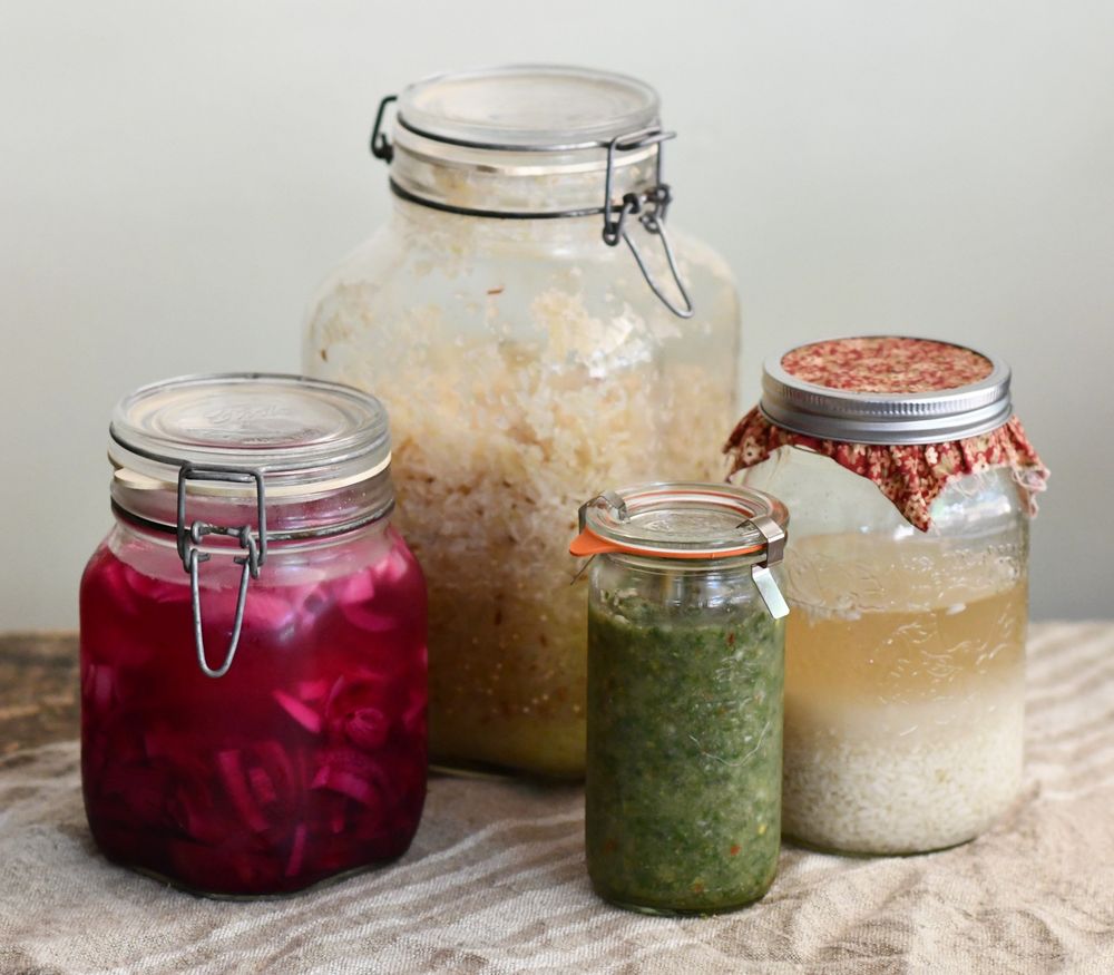 Jars of ferments from left to right: Pink pickled onions, sauerkraut, parsley sauce, and shio koji.