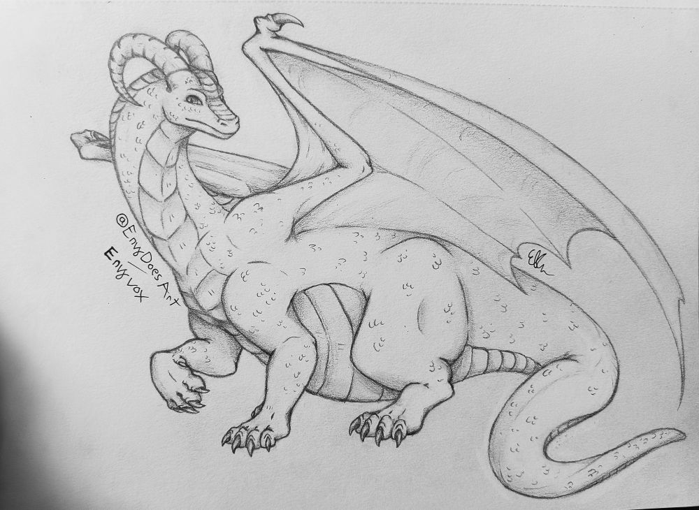 A shaded pencil drawing of a dragon with horns that curl back and then forward again. He has a serene and inquisitive expression as his neck elegantly curves around to better view what he's looking at. One of his paws is raised, as if preparing for a gesture, while the rest are planted on the ground framing his belly. The dragon's wings sit half-relaxed, draping over his large shape but adding a sense of grandeur.