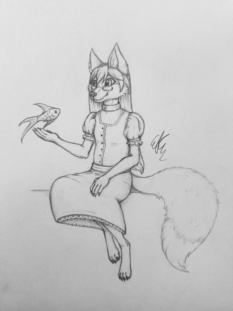 An anthro fox girl sits on a ledge with her big, fluffy tail draped to the side. She has a bright, inquisitive expression behind her narrow glasses, framed by long, straight hair. She wears a modest, puffy-sleeved dress and is allowing a floating fish to perch in her hand.