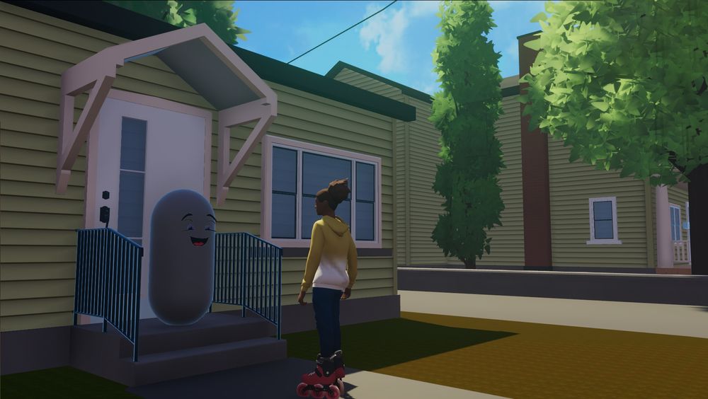 An old screenshot of RollerGirl with the main character, Naomi, standing in front of a gray capsule with clip art as a face, meant to be a placeholder character.