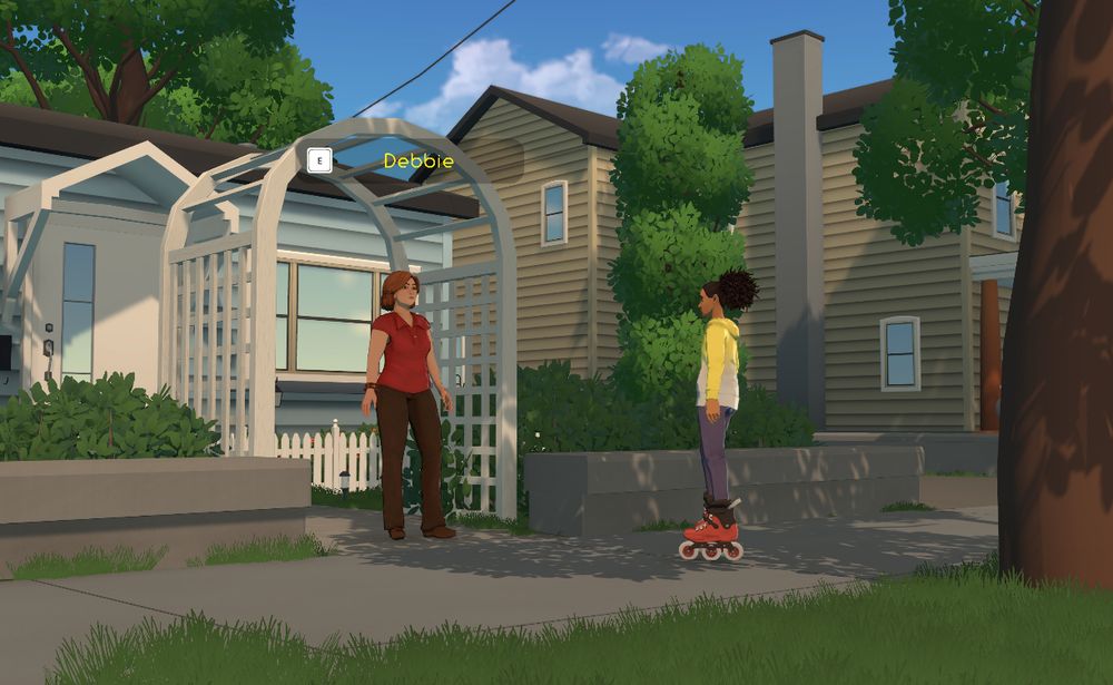 A current screenshot of RollerGirl with the main character, Naomi, standing in front of a finished character model of an NPC named Debbie. 