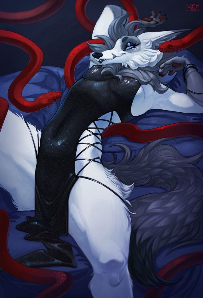 White furry fox in black dress laying down with red snakes coiling around her