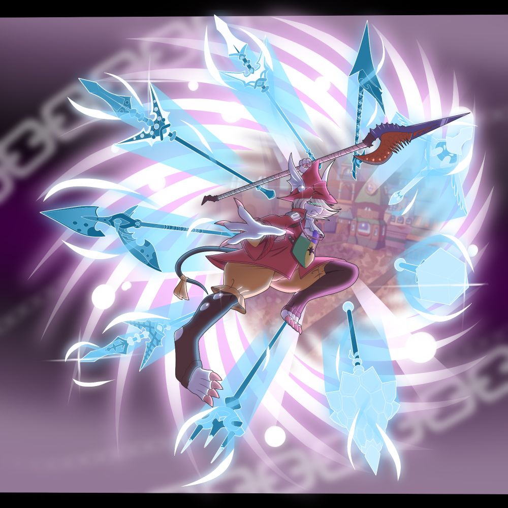 Freya Crescent from Final Fantasy IX leaping through a vortex with all her spears circling her.