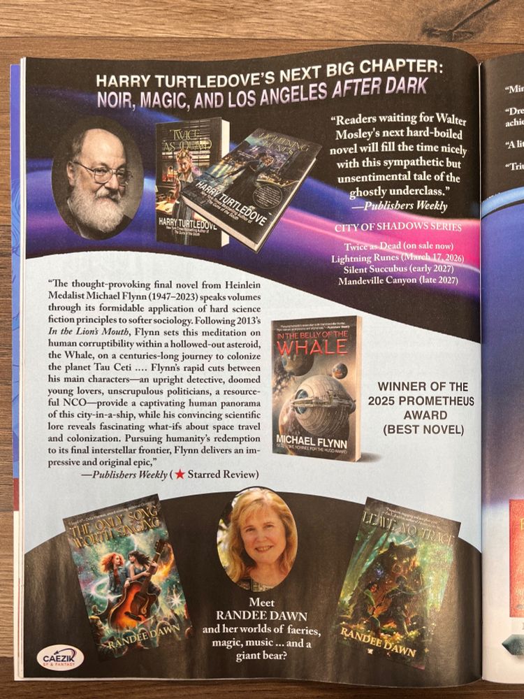 A full-page ad for Caezik SF&F, with JAB client Randee Dawn featured on the bottom half of the page. Book covers for THE ONLY SONG WORTH SINGING and LEAVE NO TRACE, along with the author's headshot, are displayed. The text underneath Randee's photo reads: "Meet RANDEE DAWN and her worlds of faeries, magic, music...and a giant bear?"